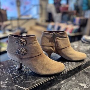 Women's Taupe Suede Ankle Booties with Decorative Rosettes